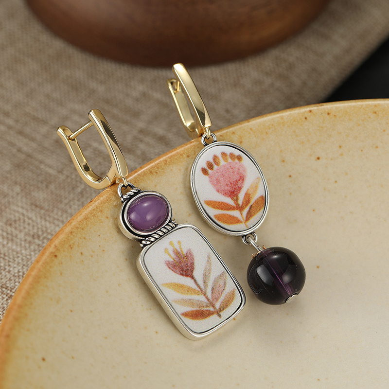 Boho Asymmetric Floral Print Dangle Earrings
